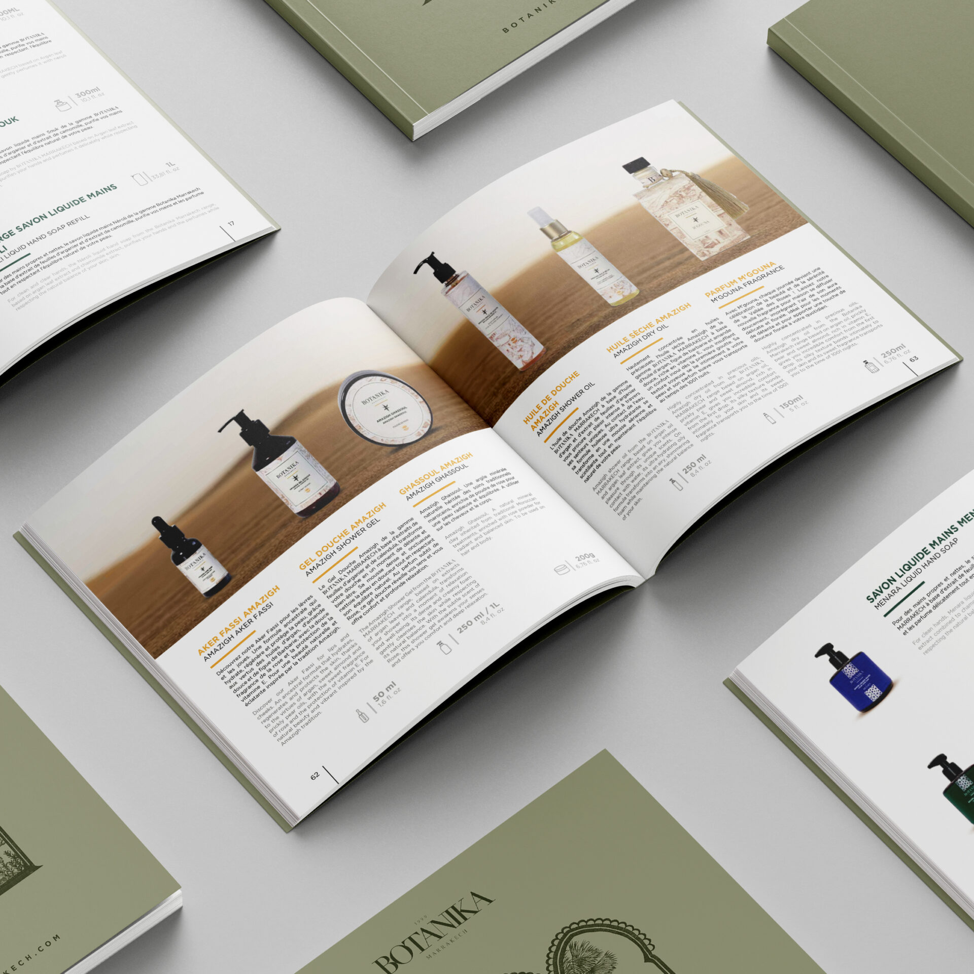 Catalogue Botanika ouvert présentant une double page de produits cosmétiques avec textes et visuels