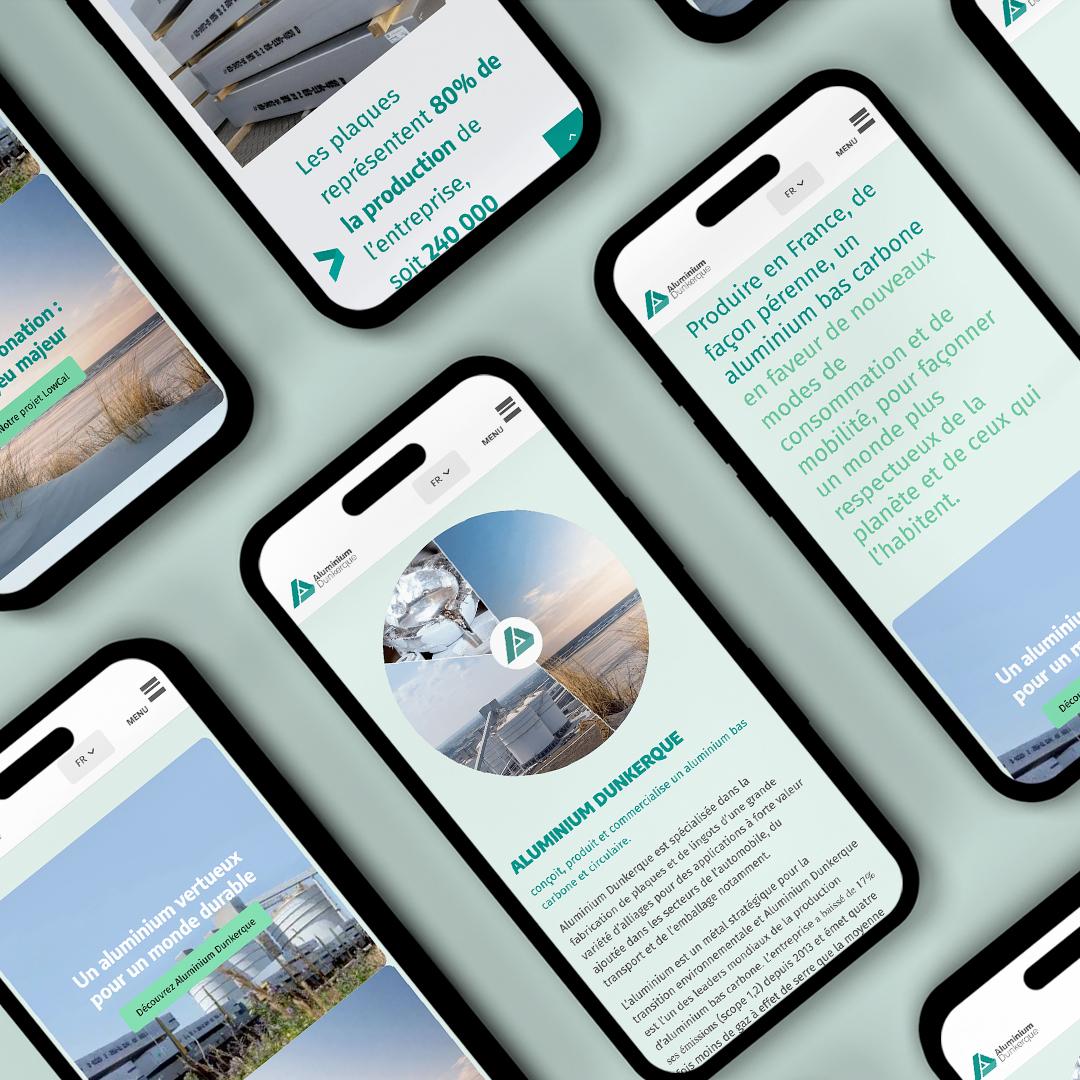 Aperçu du site Aluminium Dunkerque affiché sur plusieurs écrans de smartphone