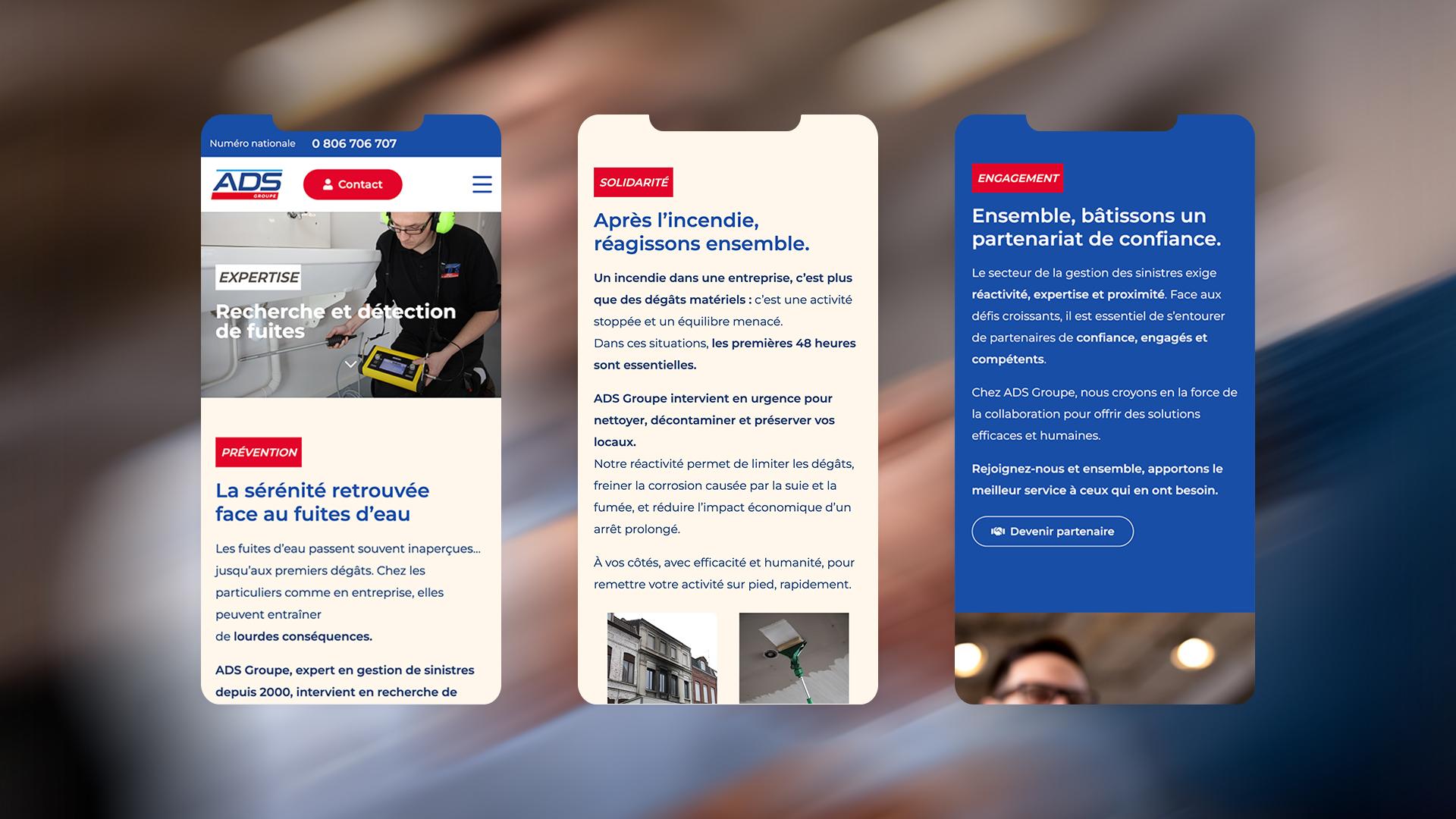 maquettes mobiles du site ADS Groupe présentant plusieurs pages de services