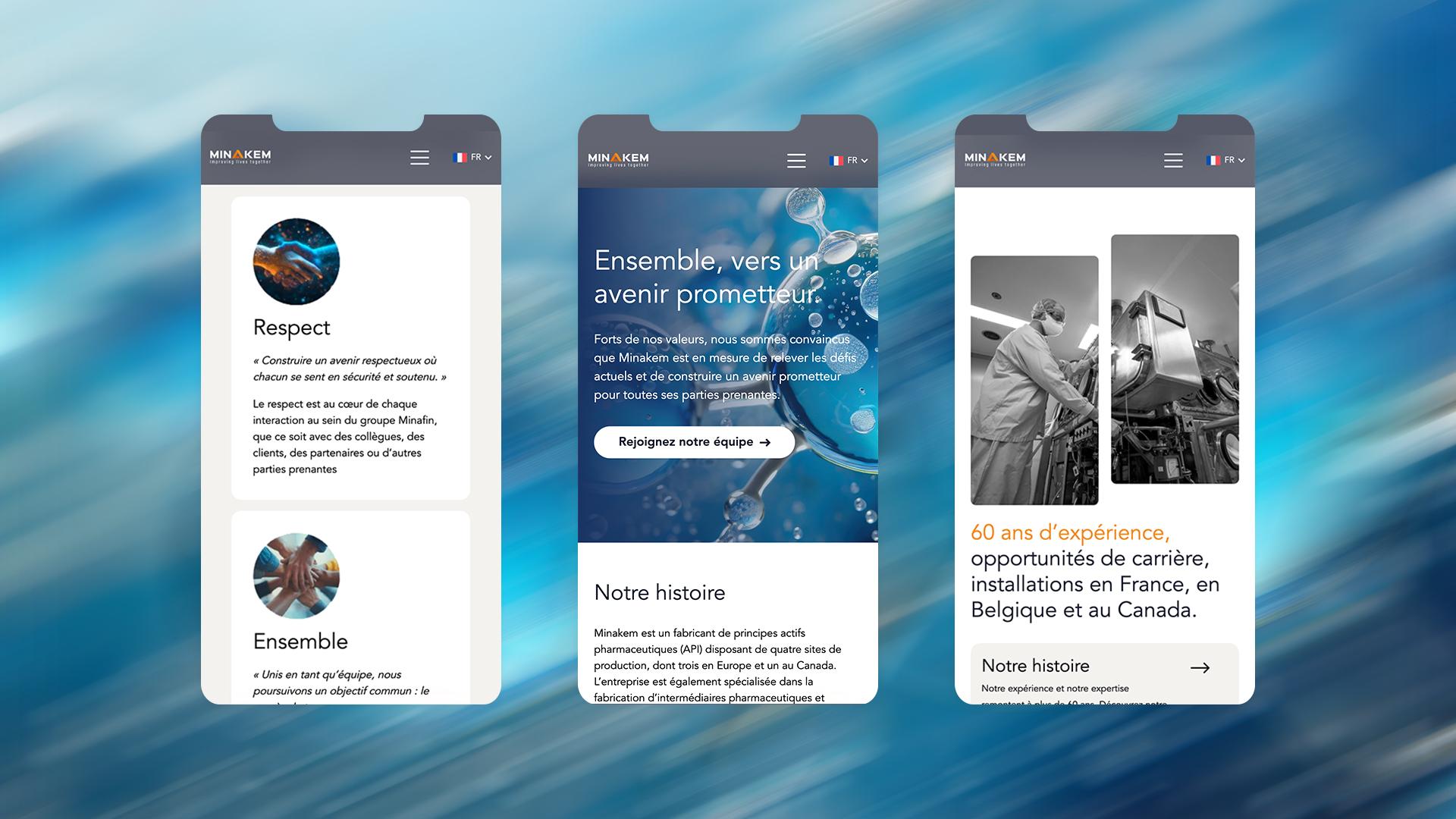 Trois écrans mobiles du site Minakem présentant ses valeurs, son message de recrutement et son histoire industrielle